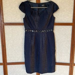 Adrianna Papell Embellished Short Sleeve Shimmer Navy Short Cocktail Dress - 10